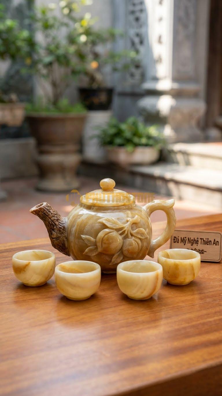 Bộ Ấm Chén Đá Cẩm Thạch Ngọc Hoàng Long, Vòi Ấm Là Thân Cây Đào Sần Sùi, Thân Ấm Chạm Nổi Quả Đào Chín.