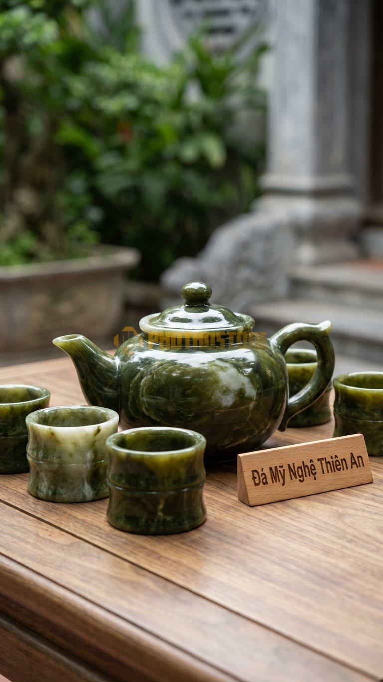Bộ Ấm Chén Đá Cẩm Thạch Serpentine, Các Chén Được Tiện Khắc Các Đốt (Khấc) Như Ống Tre Cắt Khúc.