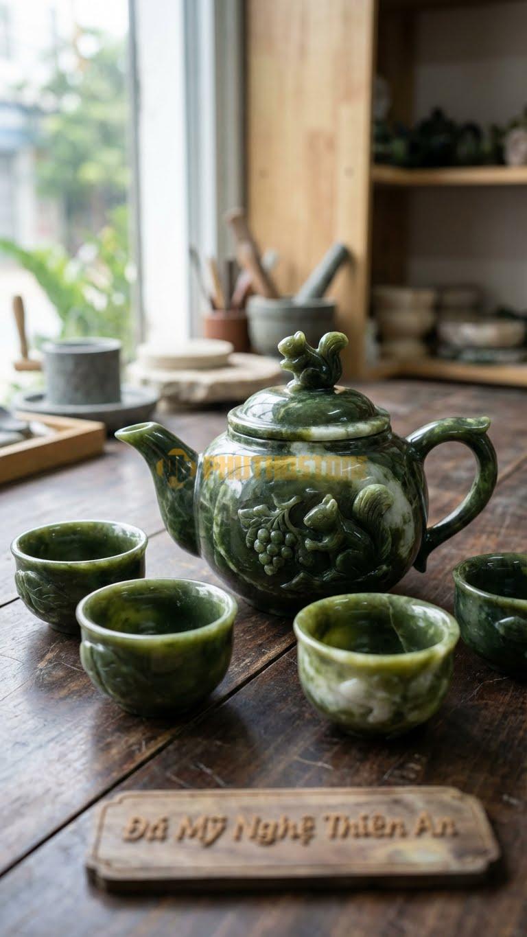 Bộ Ấm Chén Đá Cẩm Thạch Serpentine, Chạm Sóc Và Chùm Nho (Sóc Nho) Biểu Tượng Sự Sinh Sôi.