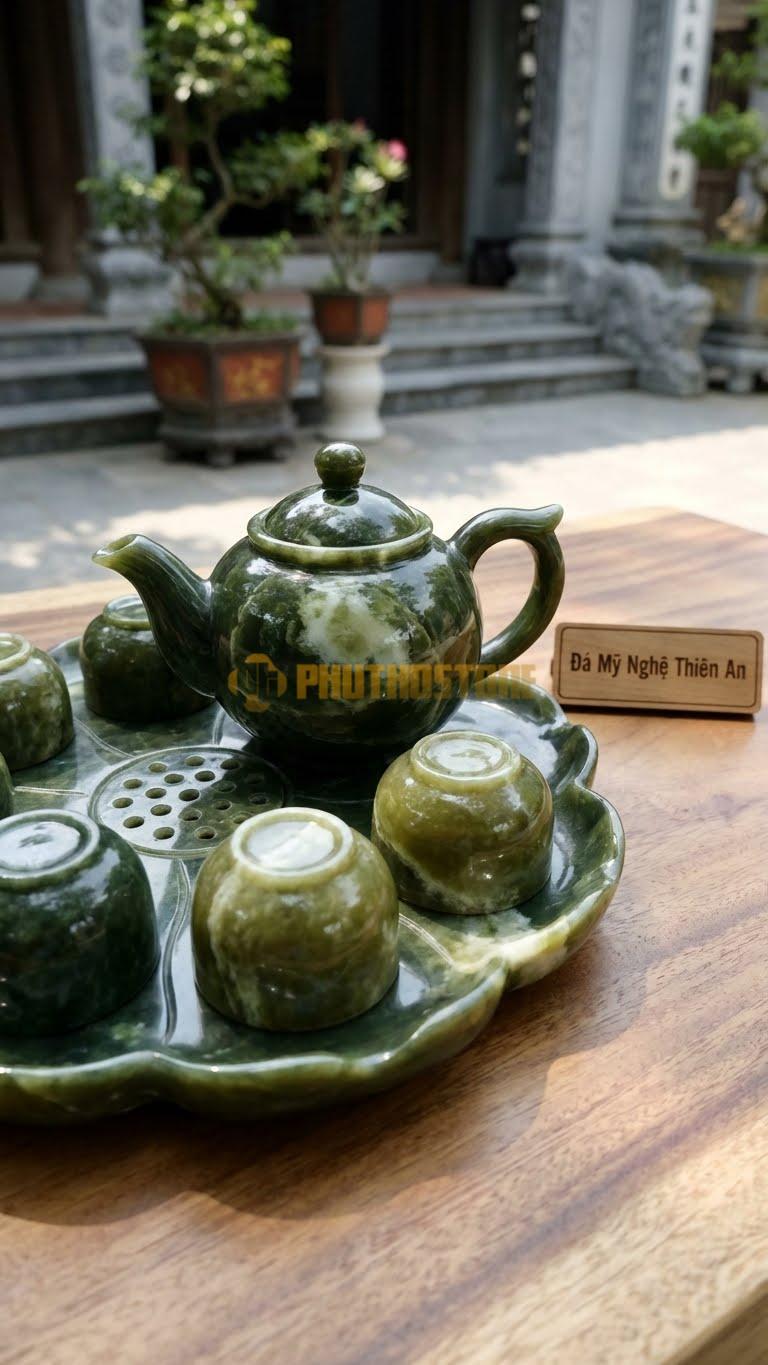 Bộ Ấm Chén Đá Cẩm Thạch Serpentine, Khay Hình Đài Sen (Gương Sen) Lỗ Chỗ Hạt.