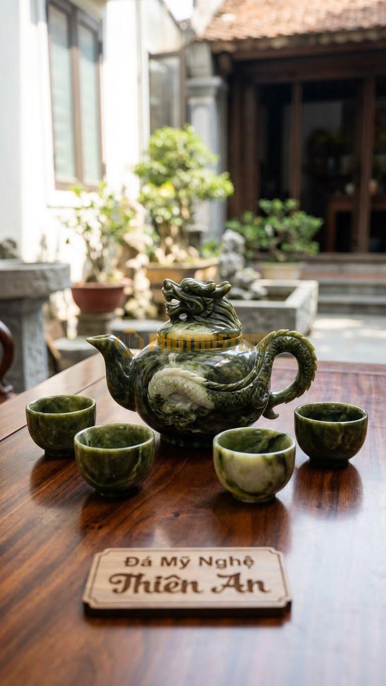 Bộ Ấm Chén Đá Cẩm Thạch Serpentine, Nắp Ấm Là Đầu Rồng Ngẩng Cao, Thân Ấm Là Thân Rồng Cuộn Tròn.