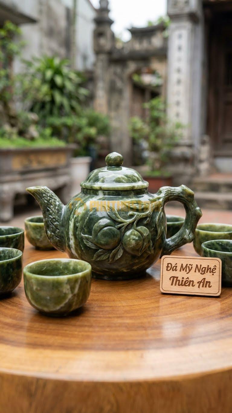 Bộ Ấm Chén Đá Cẩm Thạch Serpentine, Vòi Ấm Là Thân Cây Đào Sần Sùi, Thân Ấm Chạm Nổi Quả Đào Chín.