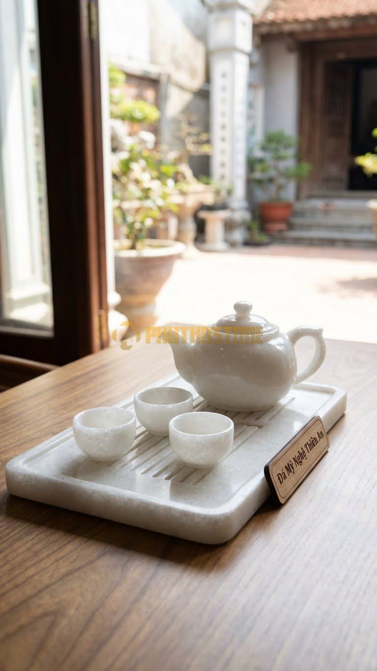 Bộ Ấm Chén Đá Cẩm Thạch Trắng Muối, Khay Chữ Nhật Có Rãnh Thoát Nước Phay Cnc Chạy Dọc.