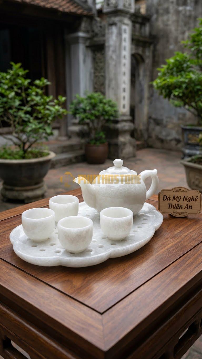 Bộ Ấm Chén Đá Cẩm Thạch Trắng Muối, Khay Hình Đài Sen (Gương Sen) Lỗ Chỗ Hạt.