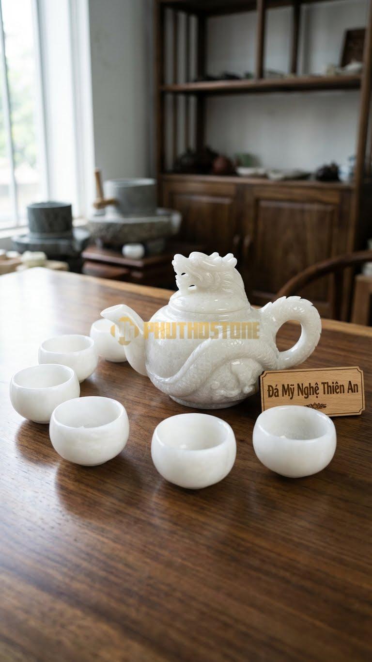 Bộ Ấm Chén Đá Cẩm Thạch Trắng Muối, Nắp Ấm Là Đầu Rồng Ngẩng Cao, Thân Ấm Là Thân Rồng Cuộn Tròn.