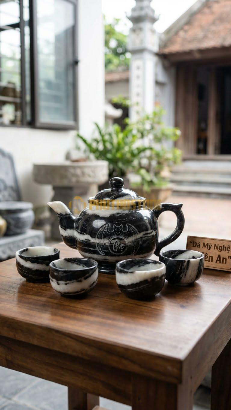 Bộ Ấm Chén Đá Cẩm Thạch Tuyết Sơn, Con Dơi Ngậm Chữ Thọ Tròn Ở Chính Giữa Thân Ấm.