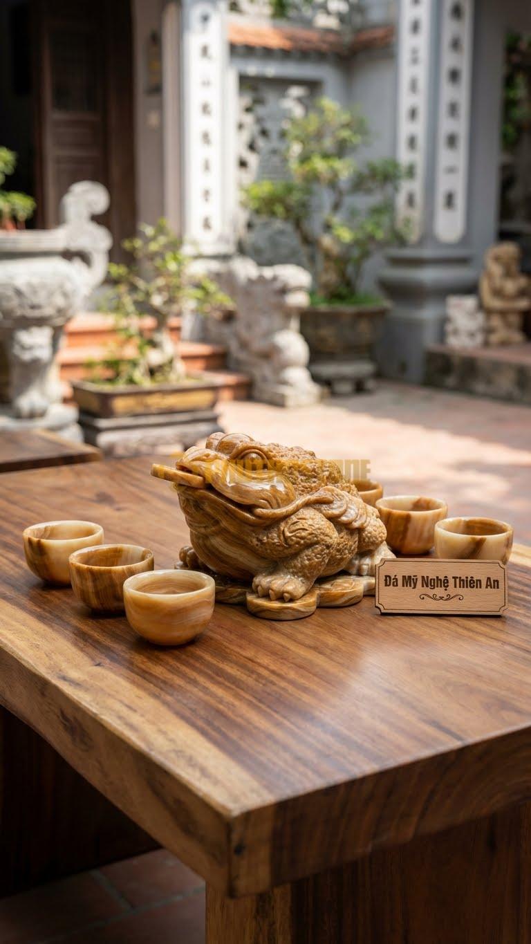 Bộ Ấm Chén Đá Cẩm Thạch Vân Gỗ, Chân Ấm Được Tạc Thành Chân Cóc, Thân Ấm Da Sần Sùi Như Da Cóc.
