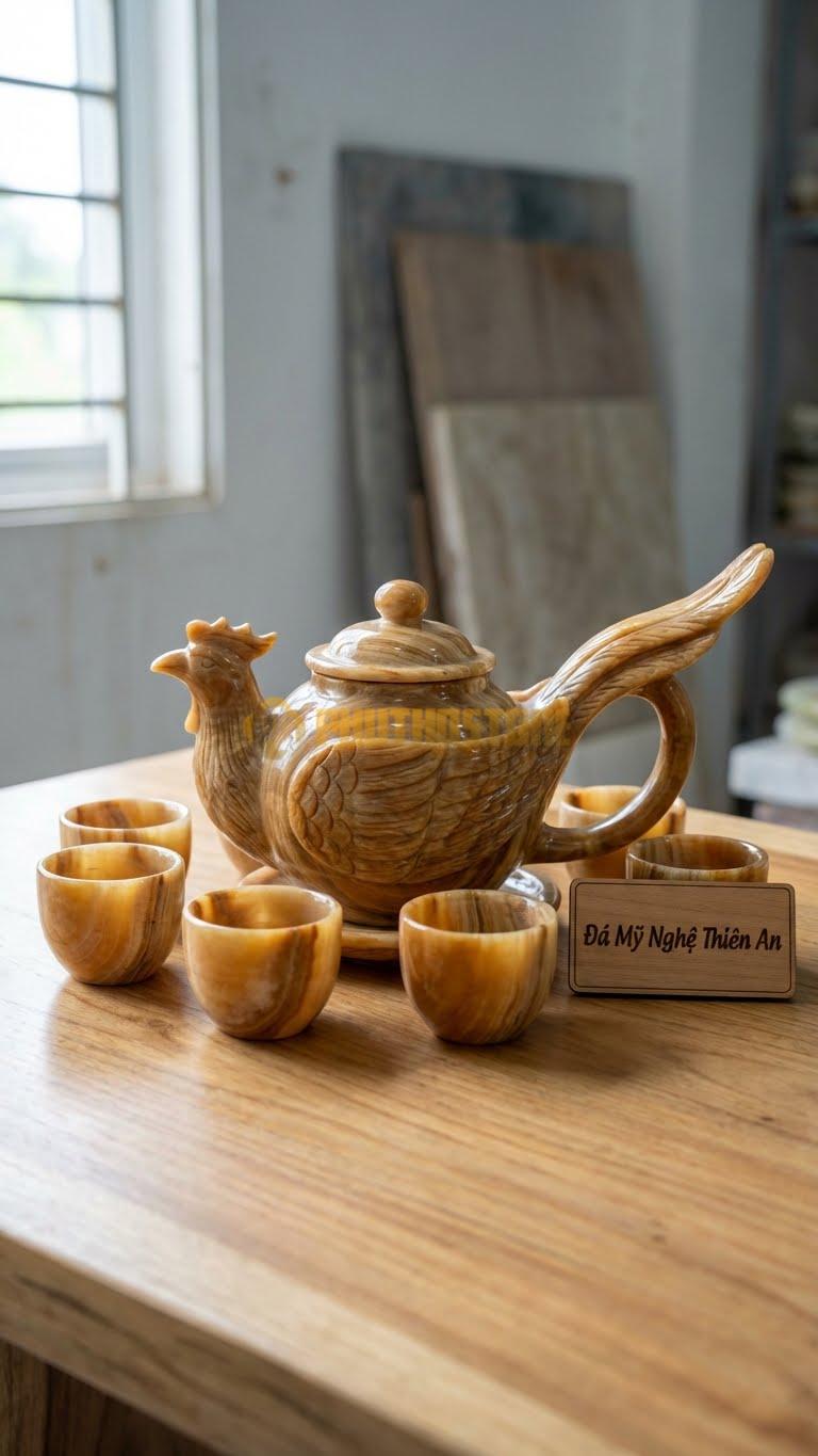 Bộ Ấm Chén Đá Cẩm Thạch Vân Gỗ, Chim Phượng Hoàng Tung Cánh Ôm Lấy Bầu Ấm, Đuôi Dài Làm Quai.