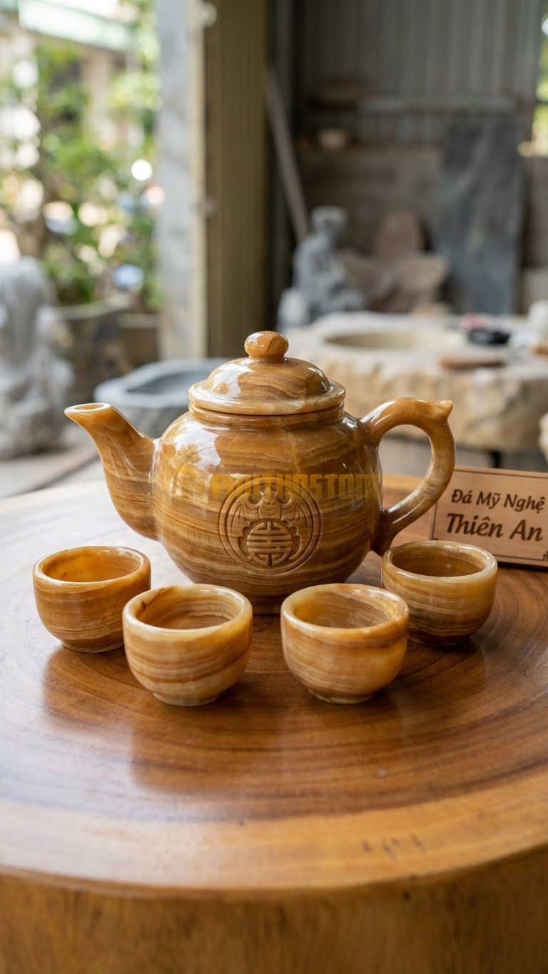 Bộ Ấm Chén Đá Cẩm Thạch Vân Gỗ, Con Dơi Ngậm Chữ Thọ Tròn Ở Chính Giữa Thân Ấm.