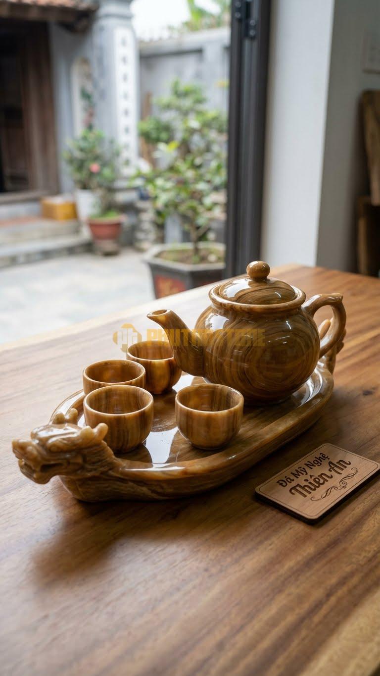 Bộ Ấm Chén Đá Cẩm Thạch Vân Gỗ, Khay Dáng Thuyền Rồng (Đầu Rồng, Đuôi Rồng).