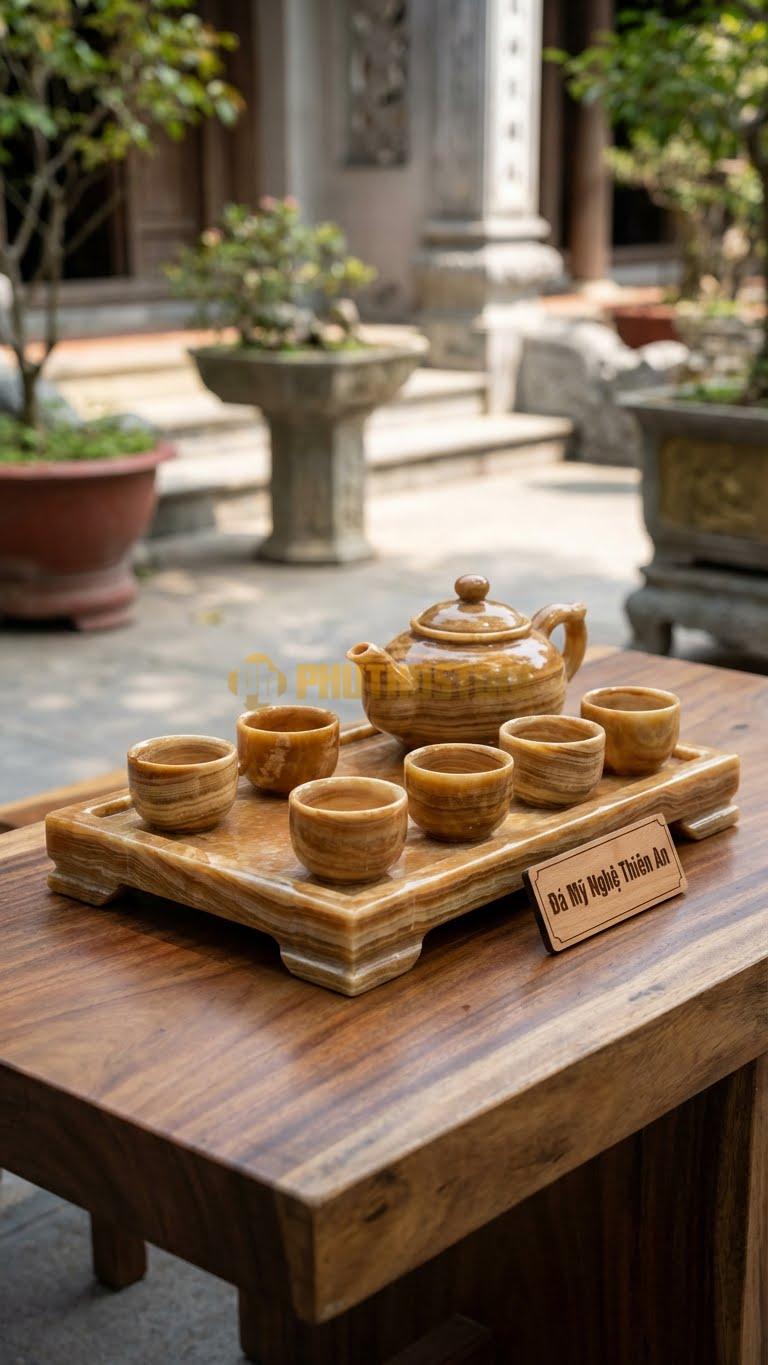Bộ Ấm Chén Đá Cẩm Thạch Vân Gỗ, Khay Giật Cấp Tự Nhiên (Chỗ Để Ấm Cao, Chỗ Để Chén Thấp).