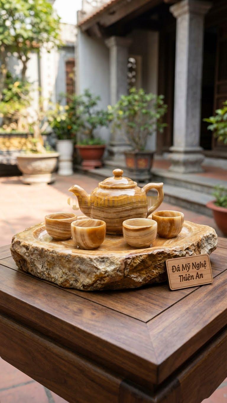 Bộ Ấm Chén Đá Cẩm Thạch Vân Gỗ, Khay Hình Tảng Đá Cẩm Thạch Suối, Giữ Nguyên Lớp Vỏ Phong Hóa Bên Ngoài, Chỉ Mài Lòng Khay.