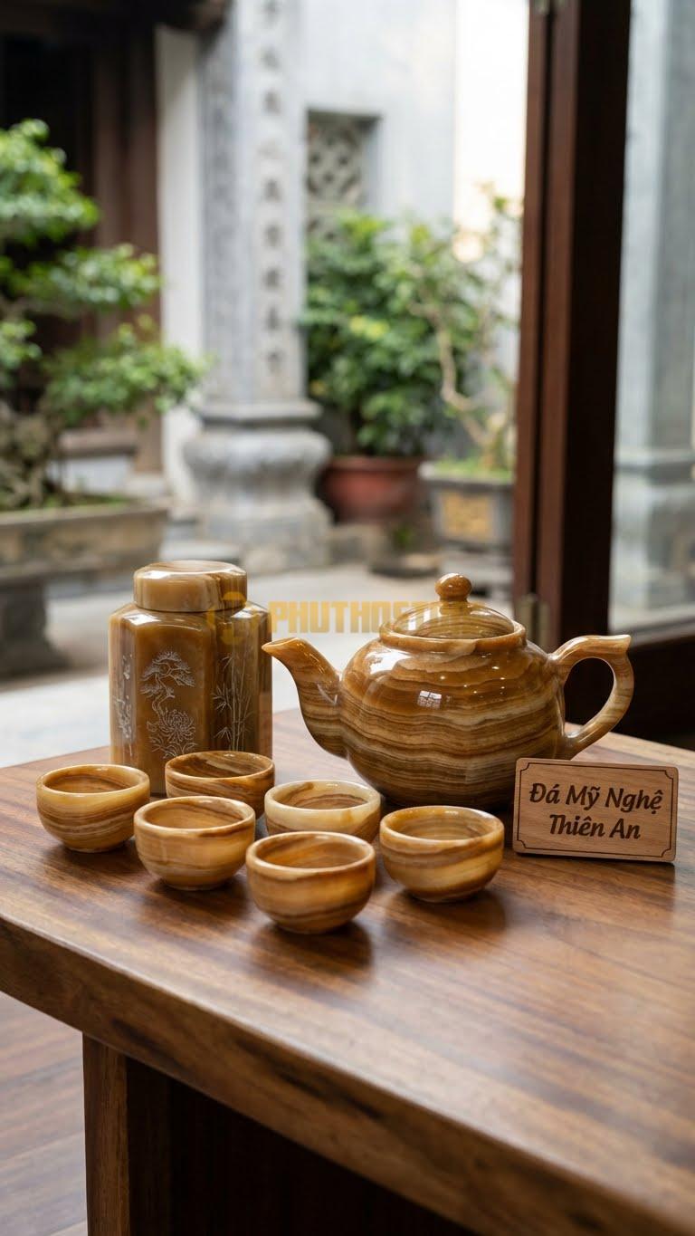 Bộ Ấm Chén Đá Cẩm Thạch Vân Gỗ, Lọ Chè Bát Giác Khắc Hoa Văn Tùng Cúc Trúc Mai.