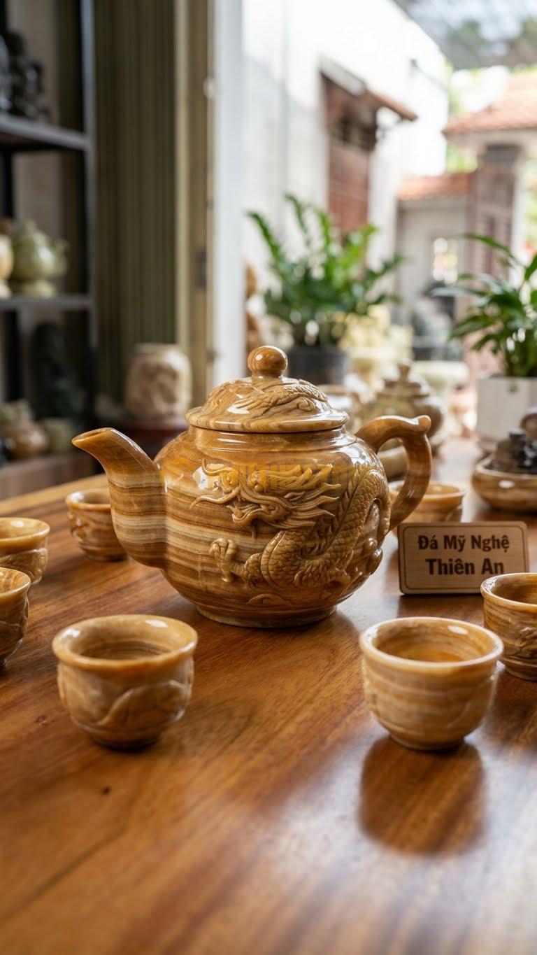 Bộ Ấm Chén Đá Cẩm Thạch Vân Gỗ, Rồng Chạm Nổi Khối Cao (Kênh Bong), Râu Rồng Vắt Lên Nắp Ấm.