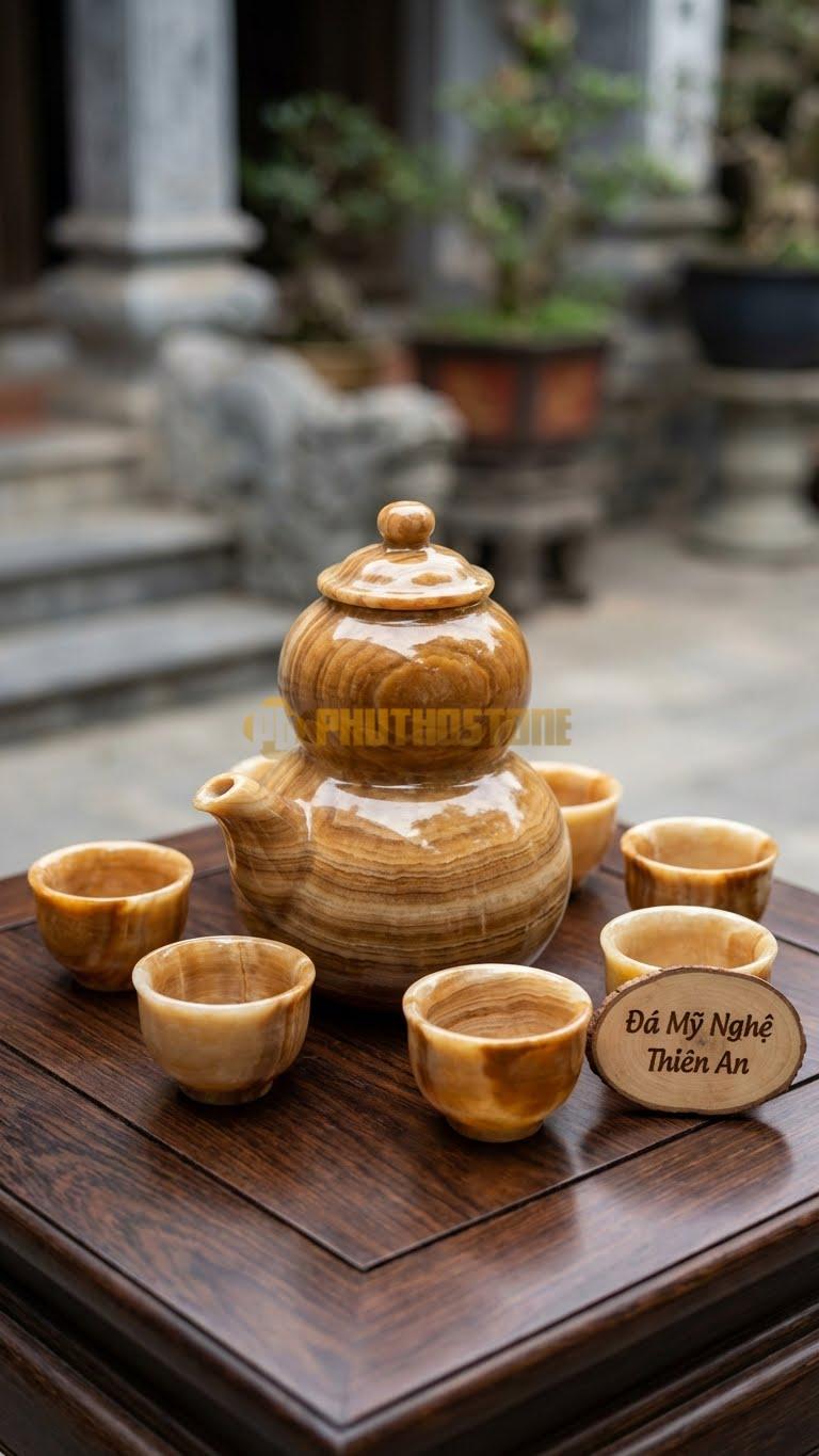Bộ Ấm Chén Đá Cẩm Thạch Vân Gỗ, Thân Ấm Hình Số 8 Thắt Eo Chuẩn Dáng Hồ Lô, Vòi Ngắn.