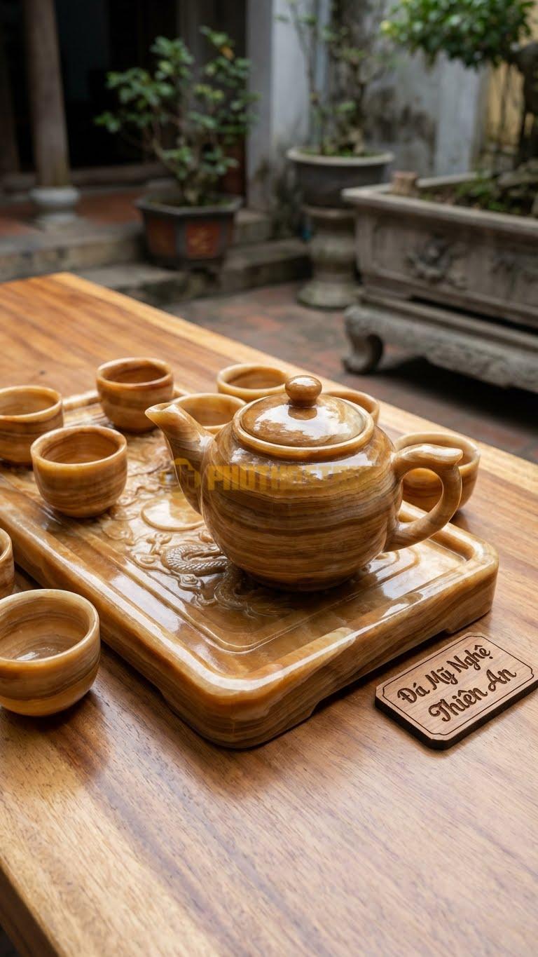 Bộ Ấm Chén Đá Cẩm Thạch Vân Gỗ, Viền Khay Chạm 2 Con Rồng Chầu Mặt Trăng (Lưỡng Long Chầu Nguyệt).