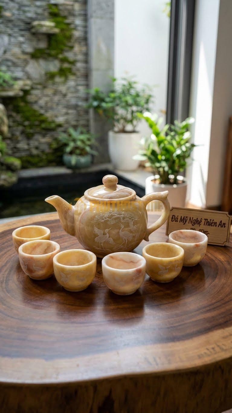 Bộ Ấm Chén Đá Cẩm Thạch Vàng Nghệ An, Chạm Đôi Chim Hạc Đứng Dưới Gốc Tùng (Tùng Hạc Diên Niên).