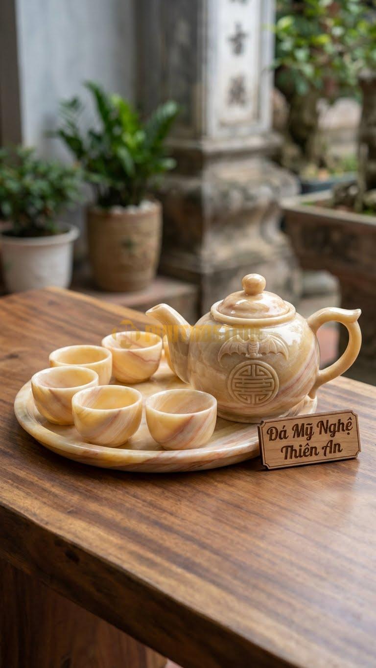 Bộ Ấm Chén Đá Cẩm Thạch Vàng Nghệ An, Con Dơi Ngậm Chữ Thọ Tròn Ở Chính Giữa Thân Ấm.