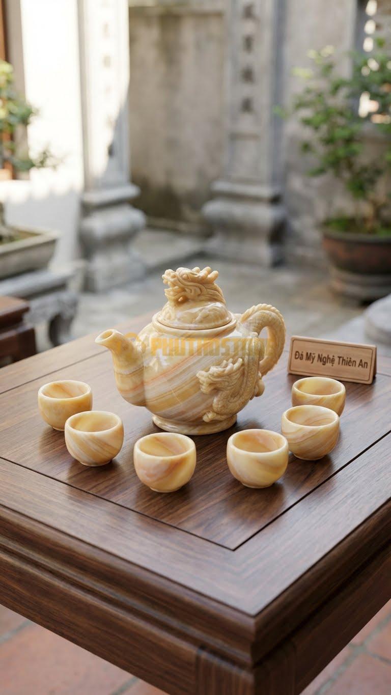 Bộ Ấm Chén Đá Cẩm Thạch Vàng Nghệ An, Nắp Ấm Là Đầu Rồng Ngẩng Cao, Thân Ấm Là Thân Rồng Cuộn Tròn.