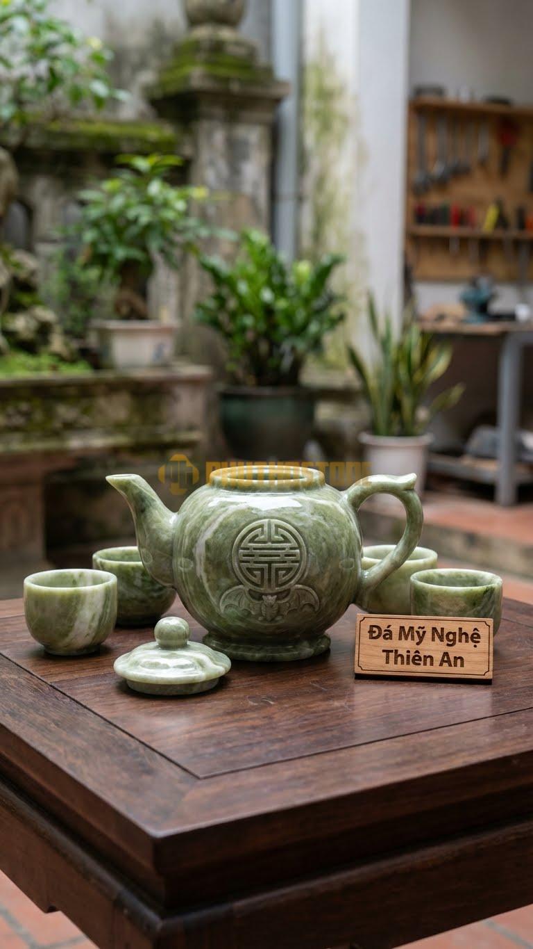 Bộ Ấm Chén Đá Cẩm Thạch Xanh Ấn, Con Dơi Ngậm Chữ Thọ Tròn Ở Chính Giữa Thân Ấm.