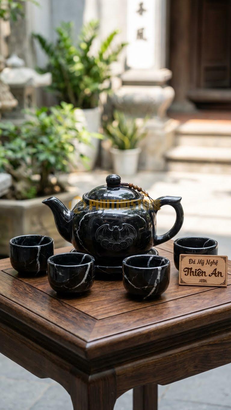 Bộ Ấm Trà Đá Cẩm Thạch Đen Tia Chớp, Con Dơi Ngậm Đồng Tiền Cổ Xâu Chuỗi (Phúc Tại Nhãn Tiền).