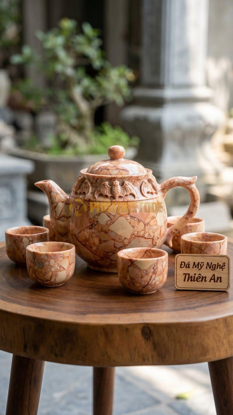Bộ Ấm Trà Đá Cẩm Thạch Hồng, 5 Con Dơi (Ngũ Phúc) Dang Cánh Bay Quanh Miệng Ấm.