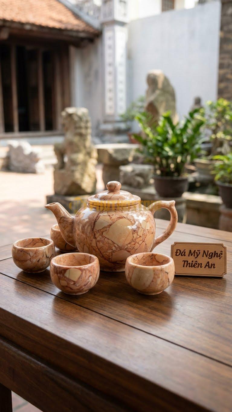 Bộ Ấm Trà Đá Cẩm Thạch Hồng, Con Dơi Ngậm Đồng Tiền Cổ Xâu Chuỗi (Phúc Tại Nhãn Tiền).