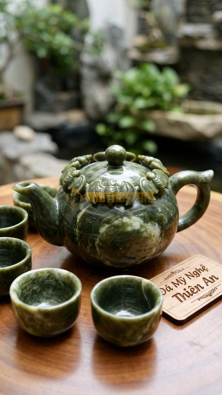 Bộ Ấm Trà Đá Cẩm Thạch Serpentine, 5 Con Dơi (Ngũ Phúc) Dang Cánh Bay Quanh Miệng Ấm.