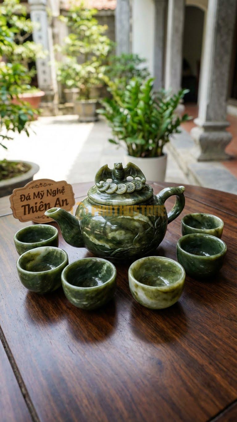 Bộ Ấm Trà Đá Cẩm Thạch Serpentine, Con Dơi Ngậm Đồng Tiền Cổ Xâu Chuỗi (Phúc Tại Nhãn Tiền).