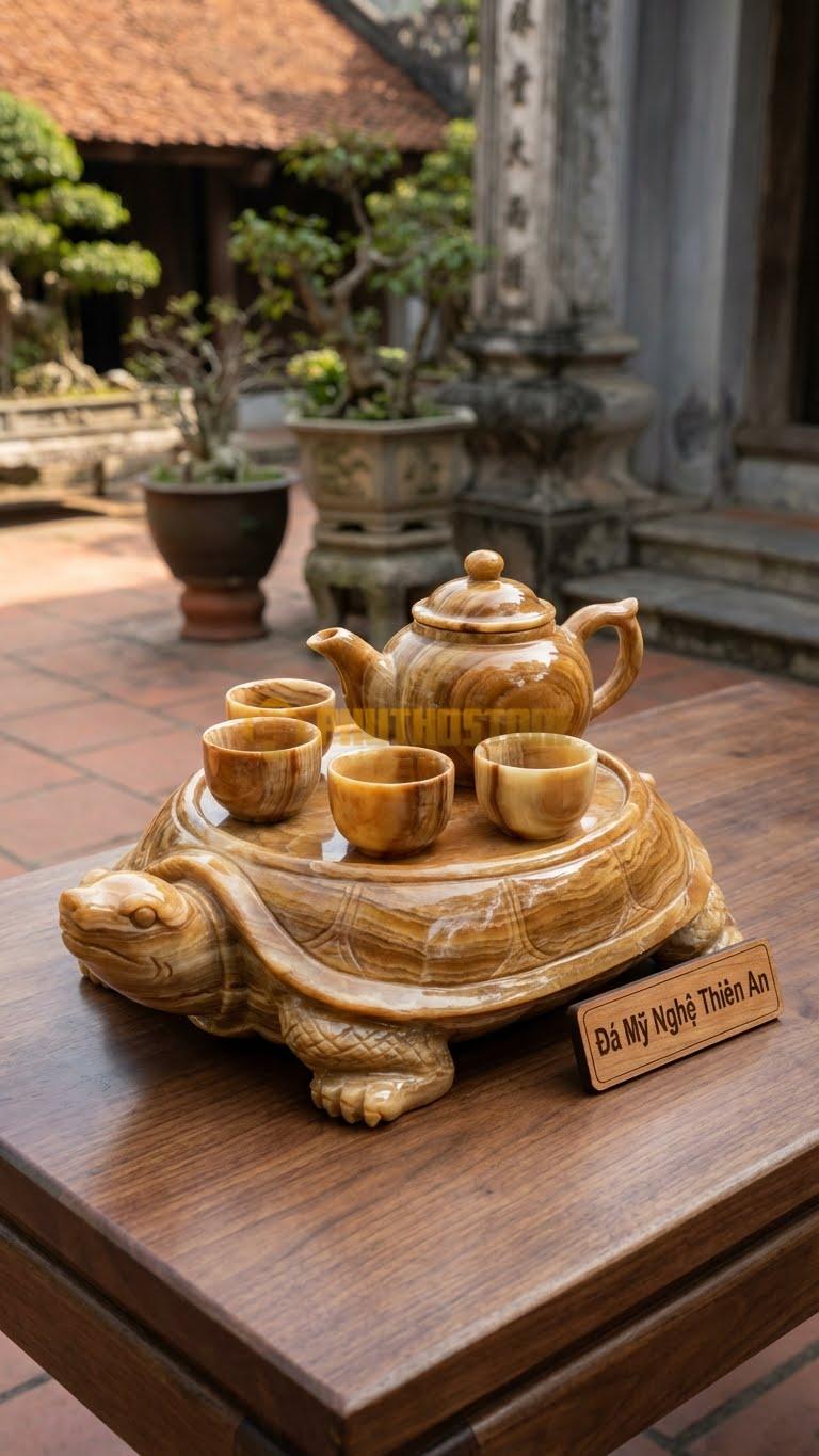 Bộ Ấm Trà Đá Cẩm Thạch Vân Gỗ, Đế Ấm Chạm Hình Con Rùa Đang Đội Cả Bộ Ấm (Rùa Đội Bia).