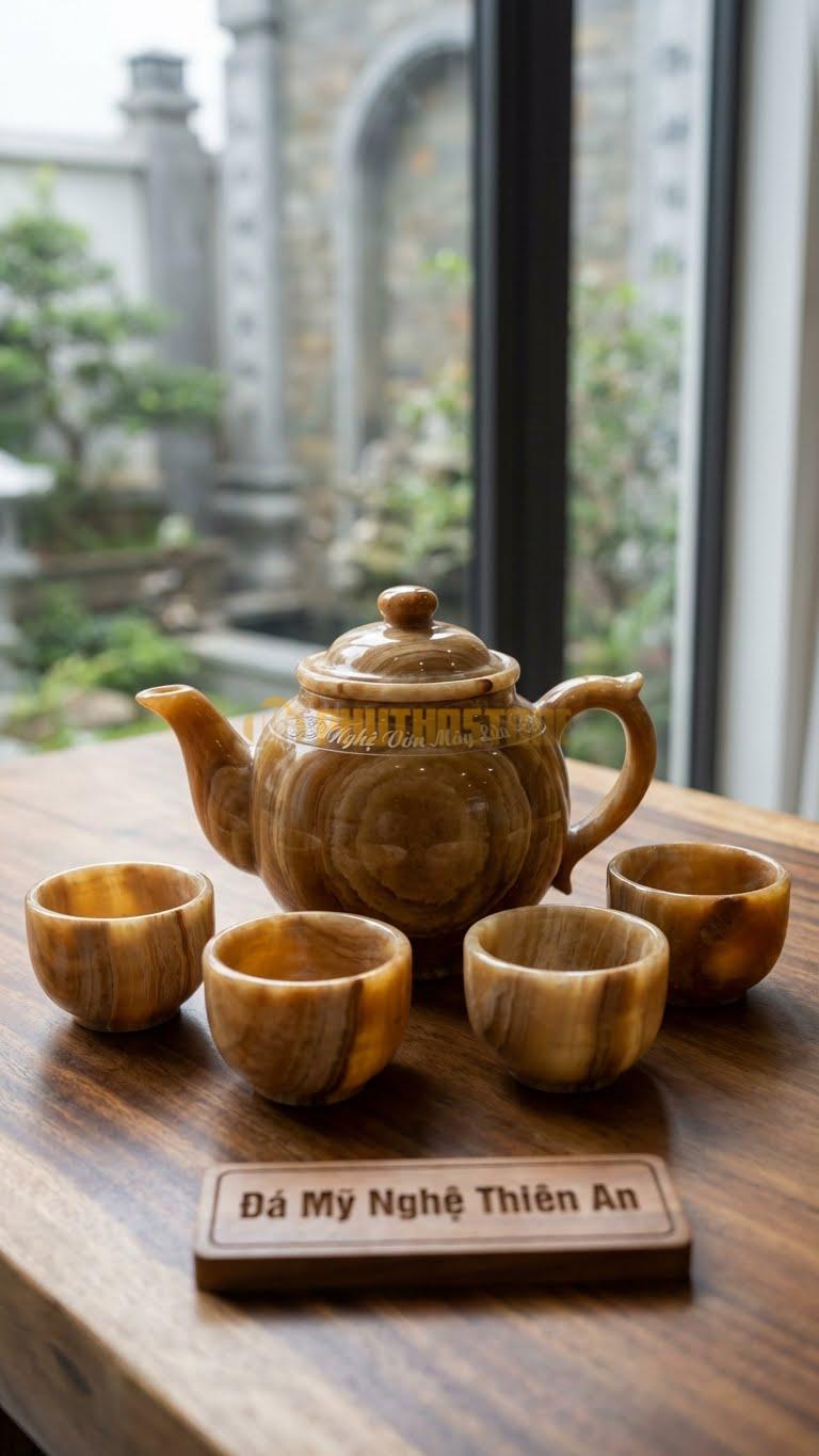 Bộ Ấm Trà Đá Cẩm Thạch Vân Gỗ, Họa Tiết Nghê Vờn Mây Lửa Chạy Quanh Cổ Ấm.