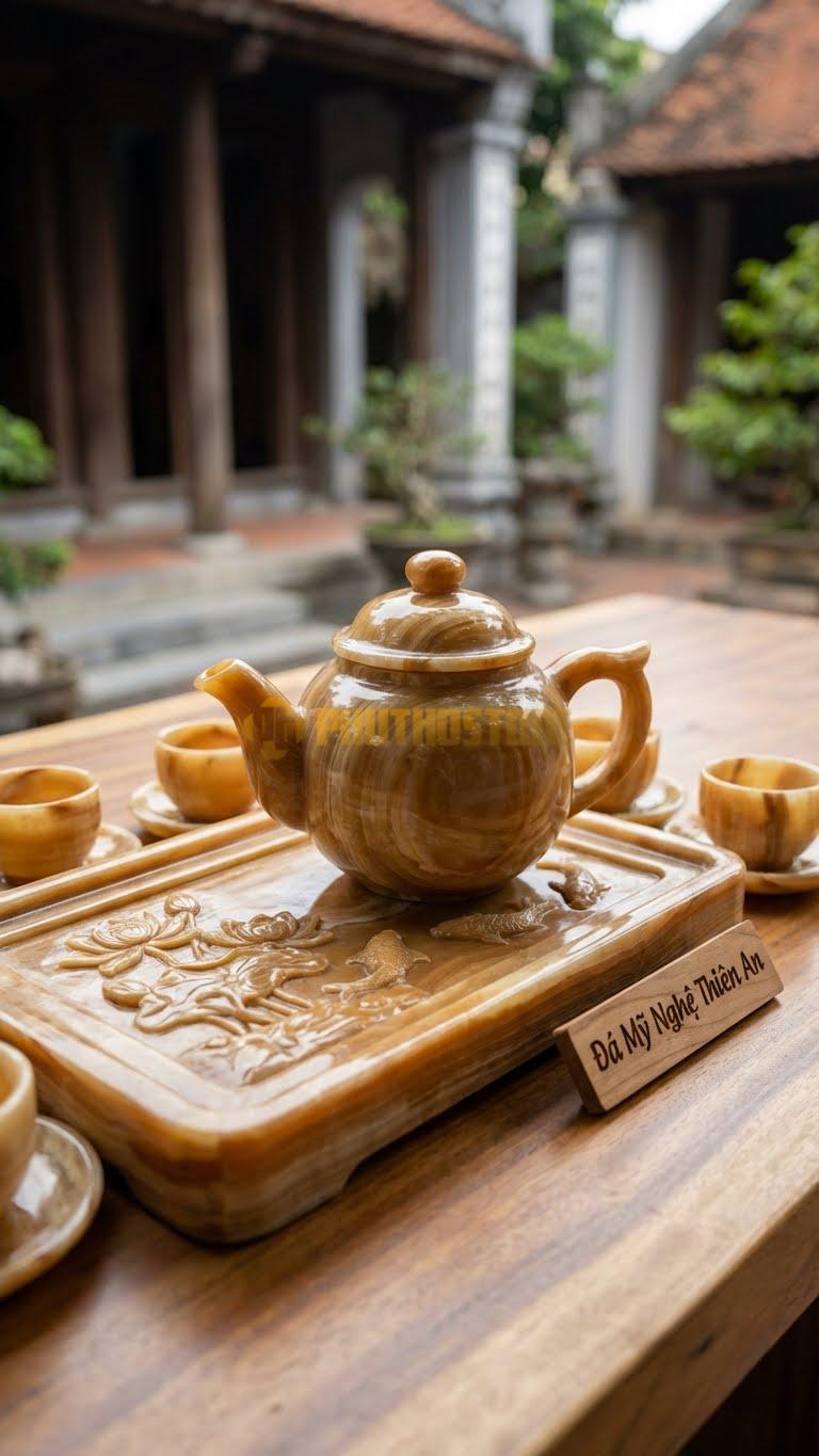 Bộ Ấm Trà Đá Cẩm Thạch Vân Gỗ, Khay Chạm Nổi Bông Sen Và Đàn Cá Bơi Lội Trong Lòng Khay.