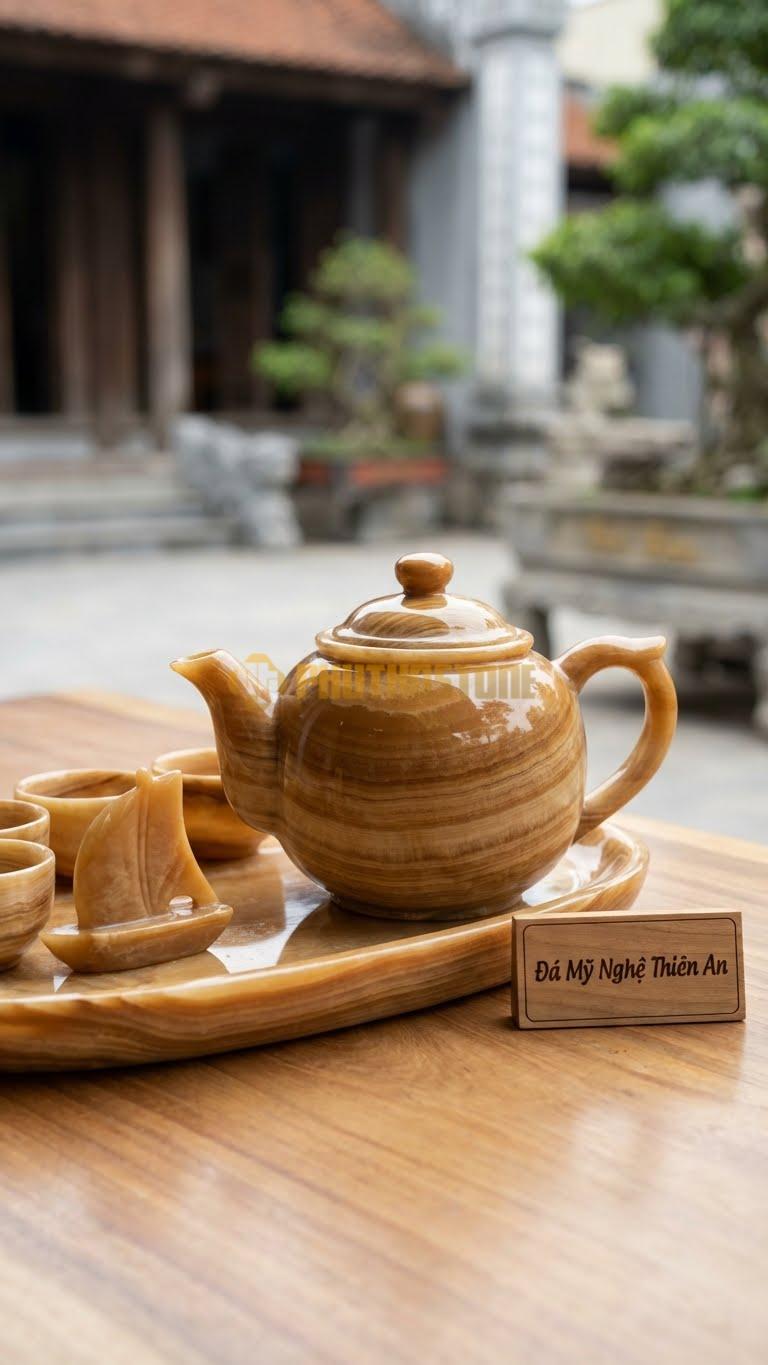 Bộ Ấm Trà Đá Cẩm Thạch Vân Gỗ, Khay Dáng Thuyền Buồm (Có Khắc Họa Tiết Cánh Buồm No Gió).