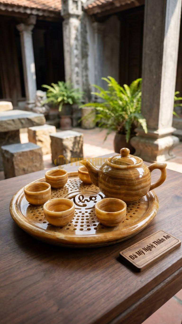Bộ Ấm Trà Đá Cẩm Thạch Vân Gỗ, Khay Tròn Đục Thủng Hoa Văn Chữ Thọ Ở Giữa Để Thoát Nước Xuống Khay Lót Dưới.