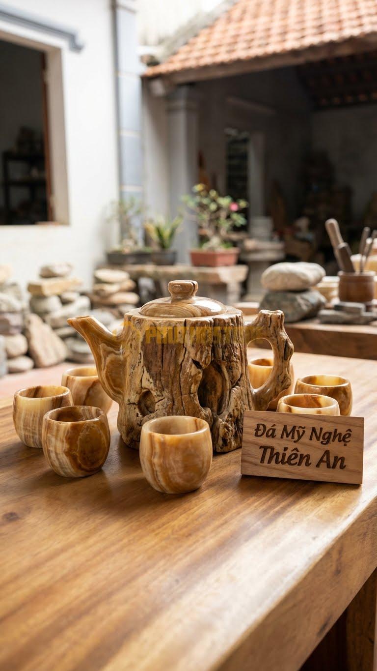 Bộ Ấm Trà Đá Cẩm Thạch Vân Gỗ, Mô Phỏng Gốc Cây Tùng Già, Vỏ Cây Nứt Nẻ, Có Hốc Cây Tự Nhiên.