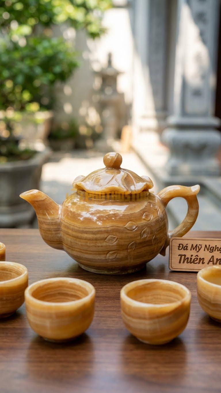 Bộ Ấm Trà Đá Cẩm Thạch Vân Gỗ, Nắp Ấm Chạm Hình Lá Sen Úp Ngược, Thân Điểm Xuyết Cánh Hoa Rơi.
