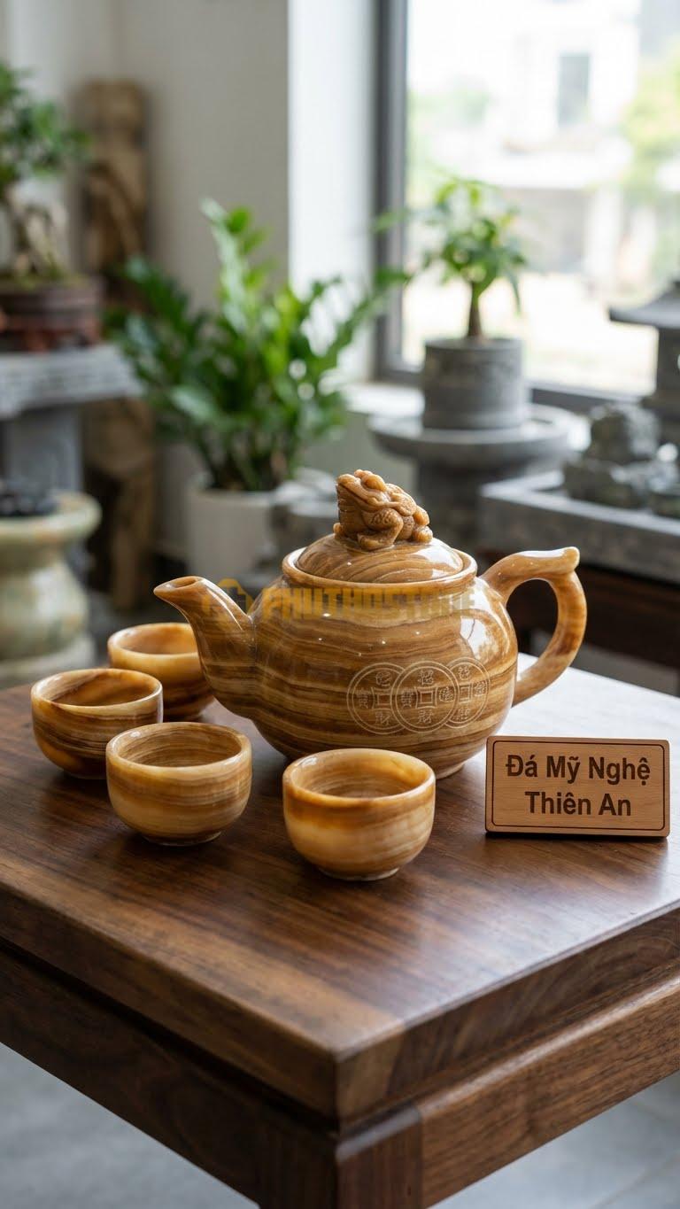 Bộ Ấm Trà Đá Cẩm Thạch Vân Gỗ, Núm Nắp Là Tượng Thiềm Thừ Nhỏ, Thân Ấm Khắc Đồng Tiền Cổ.