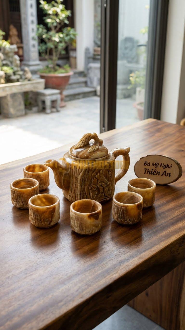 Bộ Ấm Trà Đá Cẩm Thạch Vân Gỗ, Tán Lá Tùng Rủ Xuống Từ Nắp Ấm, Thân Khắc Vân Vỏ Cây.
