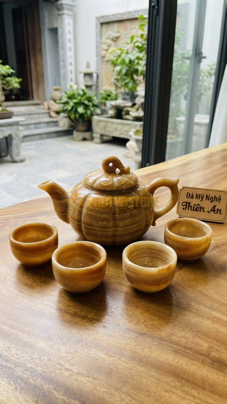 Bộ Ấm Trà Đá Cẩm Thạch Vân Gỗ, Thân Chia Múi Đều Đặn, Núm Nắp Là Cuống Bí Dây Xoắn.