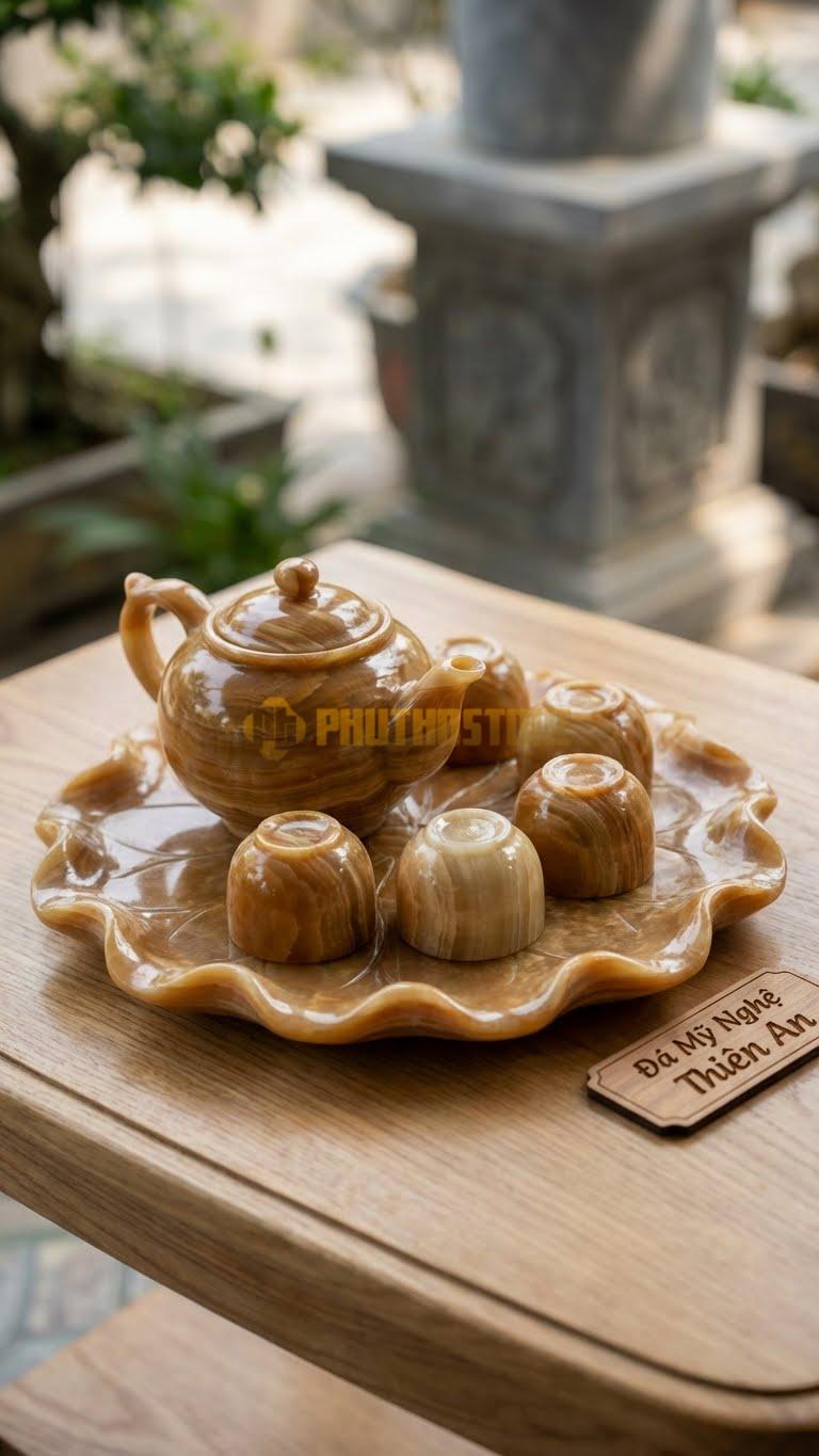 Bộ Ấm Trà Đá Cẩm Thạch Vân Gỗ, Toàn Bộ Khay Tạc Hình Một Chiếc Lá Sen Khổng Lồ, Mép Lá Uốn Lượn.