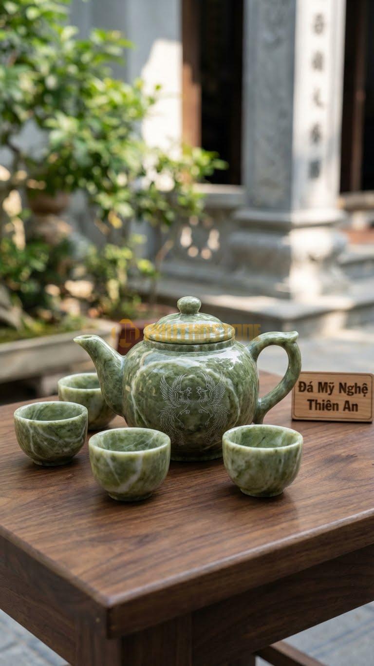 Bộ Ấm Trà Bằng Đá Chạm Phượng Hoàng