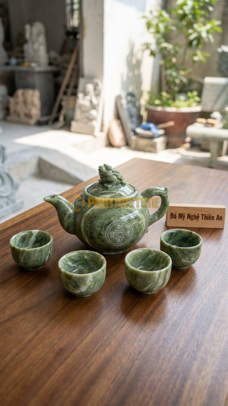 Bộ Ấm Trà Bằng Đá Dáng Cóc Ngậm Tiền (Thiềm Thừ)