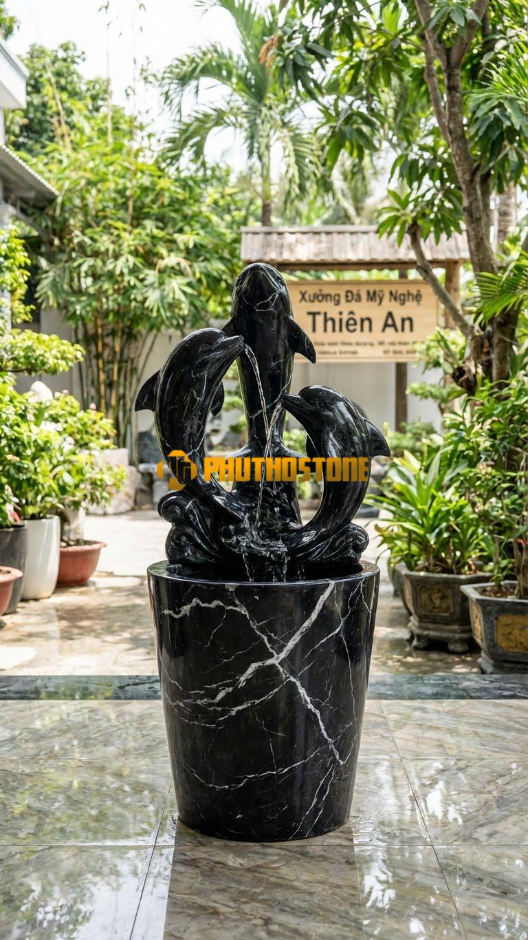Bộ Ba Cá Heo Đá Nhào Lộn Phun Nước C1.8M. Chất Liệu Đá Đen Tia Chớp