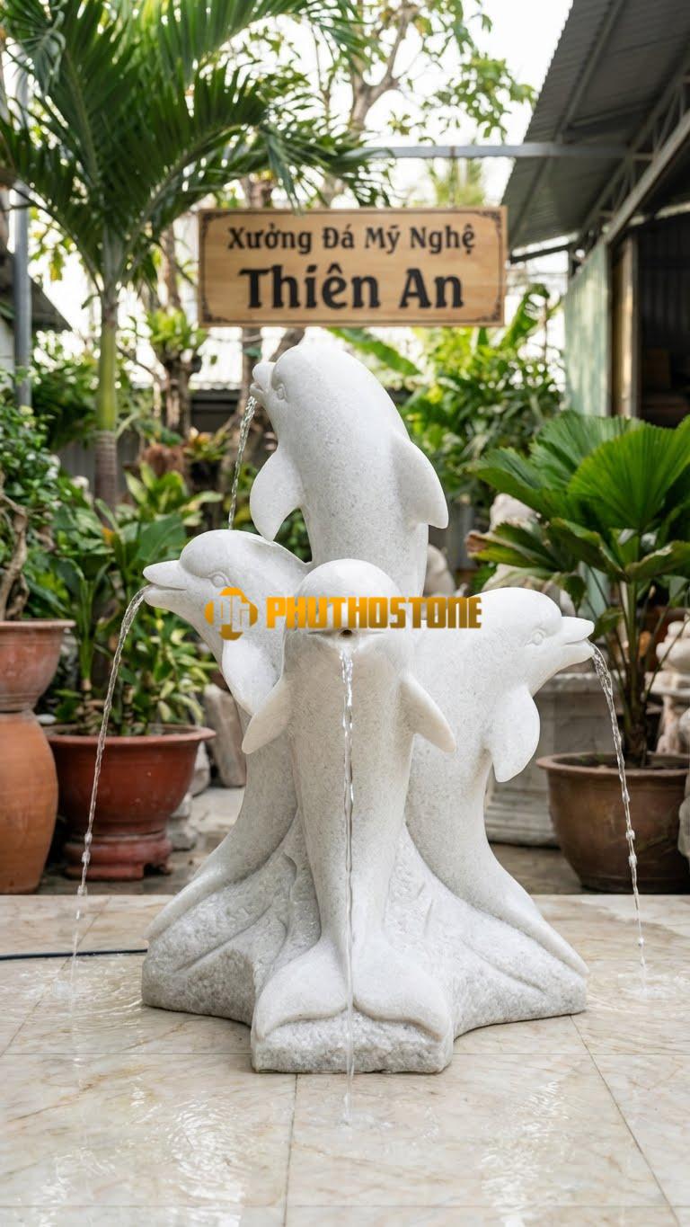 Bộ Ba Cá Heo Đá Nhào Lộn Phun Nước C1.8M. Chất Liệu Đá Trắng Muối