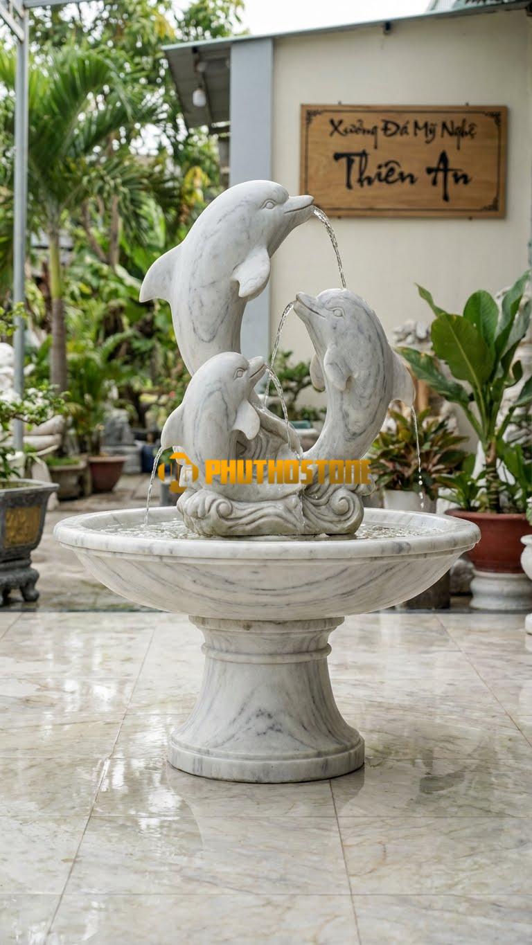 Bộ Ba Cá Heo Đá Nhào Lộn Phun Nước C1.8M. Chất Liệu Đá Trắng Xanh