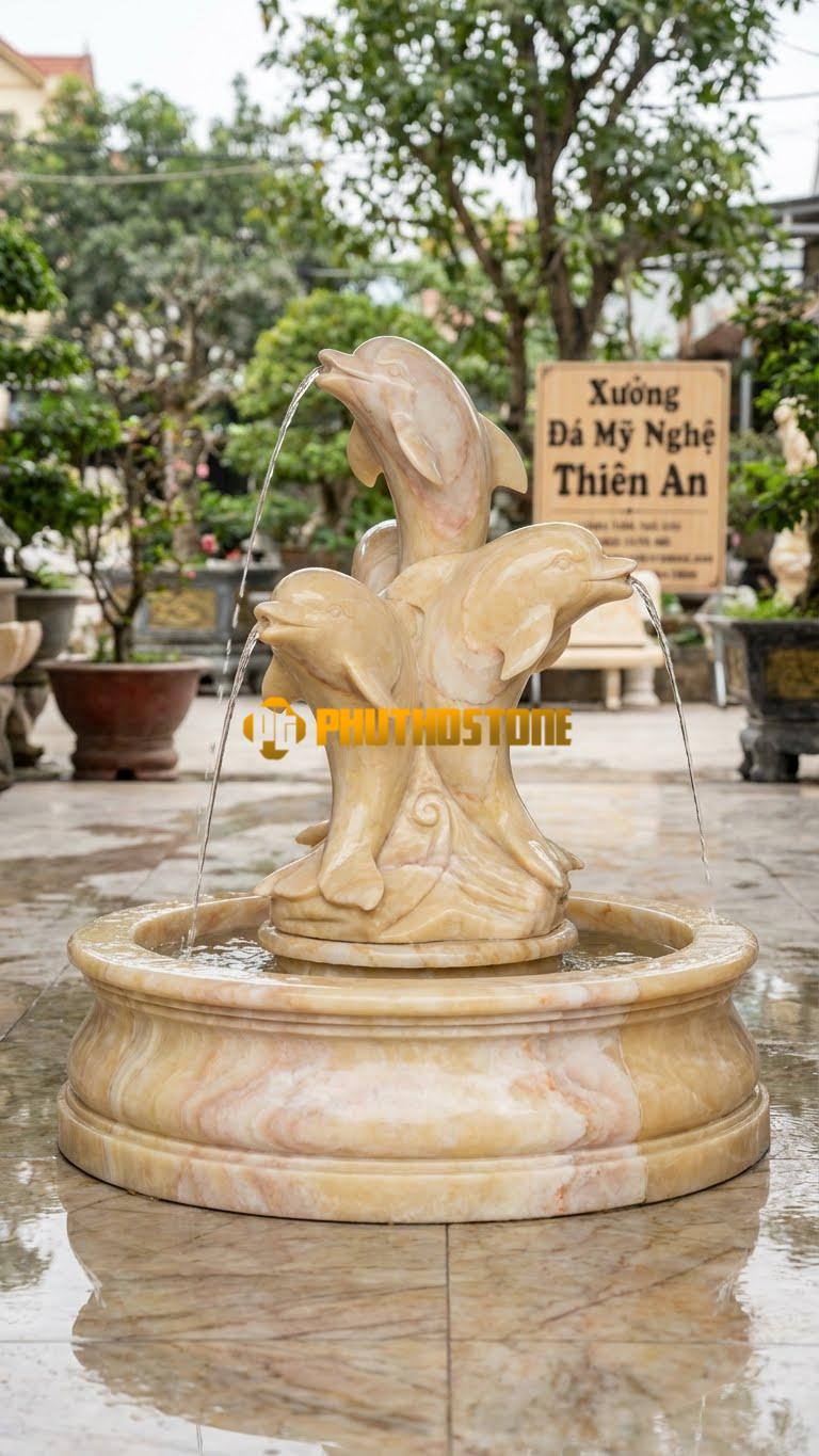 Bộ Ba Cá Heo Đá Nhào Lộn Phun Nước C1.8M. Chất Liệu Đá Vàng Nghệ An