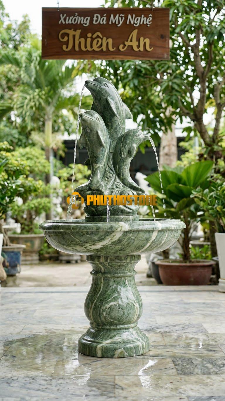 Bộ Ba Cá Heo Đá Nhào Lộn Phun Nước C1.8M. Chất Liệu Đá Xanh Ấn