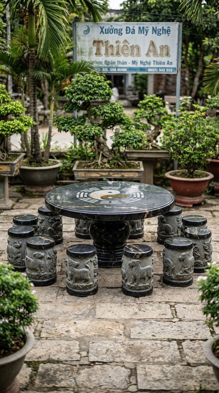 Bộ Bàn Ghế đá 12 Con Giáp, Chất Liệu đá Đen Chỉ Nâu, Kiểu Dáng mỗi Đôn Chạm Khắc Hình Tượng Một Con Giáp, Mặt Bàn Chạm Thái Cực Đồ. Bàn: Đk 140 Cm x Cao 72 Cm Đôn: 12 Đôn (Mỗi Đôn 1 Con Giáp)