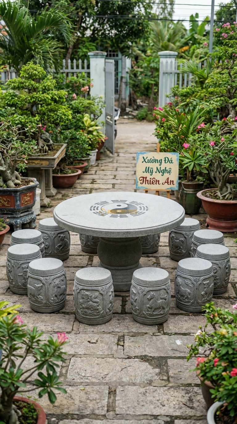 Bộ Bàn Ghế đá 12 Con Giáp, Chất Liệu đá Granite, Kiểu Dáng mỗi Đôn Chạm Khắc Hình Tượng Một Con Giáp, Mặt Bàn Chạm Thái Cực Đồ. Bàn: Đk 140 Cm x Cao 72 Cm Đôn: 12 Đôn (Mỗi Đôn 1 Con Giáp)