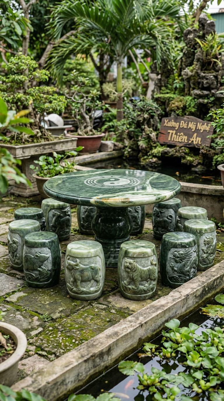 Bộ Bàn Ghế đá 12 Con Giáp, Chất Liệu đá Serpentine, Kiểu Dáng mỗi Đôn Chạm Khắc Hình Tượng Một Con Giáp, Mặt Bàn Chạm Thái Cực Đồ. Bàn: Đk 140 Cm x Cao 72 Cm Đôn: 12 Đôn (Mỗi Đôn 1 Con Giáp)